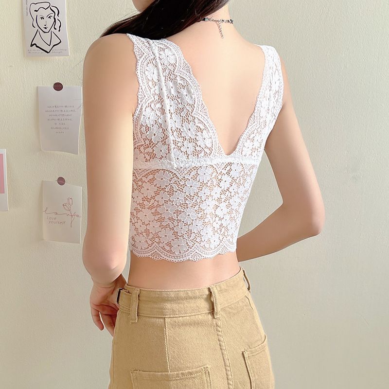 Lace Bras Top Women Deep V Neck Sexy Lingerie Wire Free Bra Tank Tops Female Underwear V Back Bralette Padded Camisole Lace Tank Top Cropped Vest Women's Sleeveless Crop Tops with Chest Pad Cute