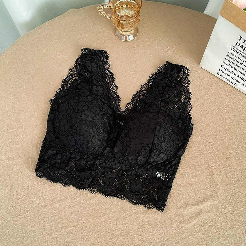 Lace Bras Top Women Deep V Neck Sexy Lingerie Wire Free Bra Tank Tops Female Underwear V Back Bralette Padded Camisole Lace Tank Top Cropped Vest Women's Sleeveless Crop Tops with Chest Pad Cute