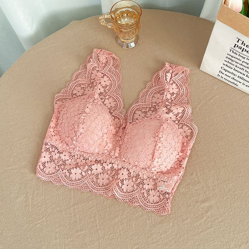 Lace Bras Top Women Deep V Neck Sexy Lingerie Wire Free Bra Tank Tops Female Underwear V Back Bralette Padded Camisole Lace Tank Top Cropped Vest Women's Sleeveless Crop Tops with Chest Pad Cute