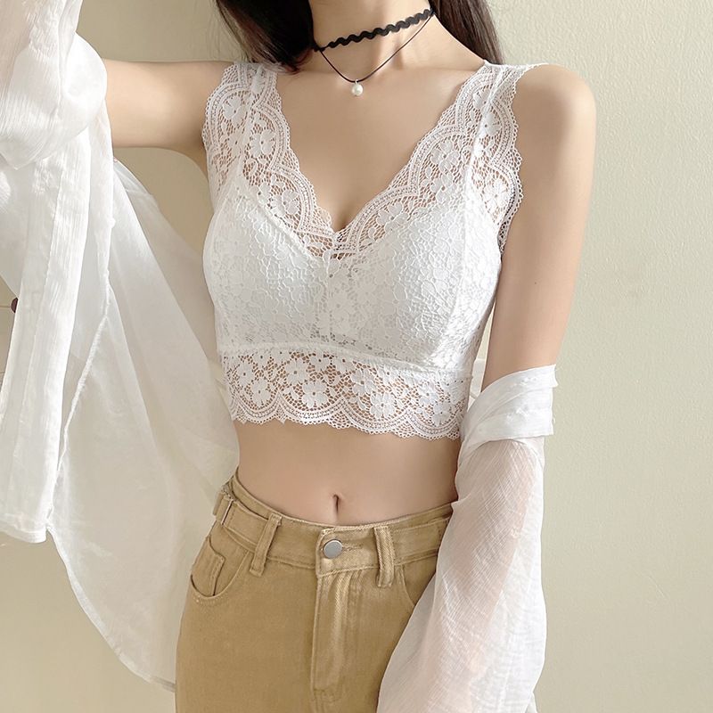 Lace Bras Top Women Deep V Neck Sexy Lingerie Wire Free Bra Tank Tops Female Underwear V Back Bralette Padded Camisole Lace Tank Top Cropped Vest Women's Sleeveless Crop Tops with Chest Pad Cute