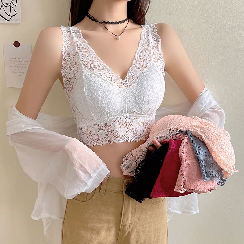 Lace Bras Top Women Deep V Neck Sexy Lingerie Wire Free Bra Tank Tops Female Underwear V Back Bralette Padded Camisole Lace Tank Top Cropped Vest Women's Sleeveless Crop Tops with Chest Pad Cute