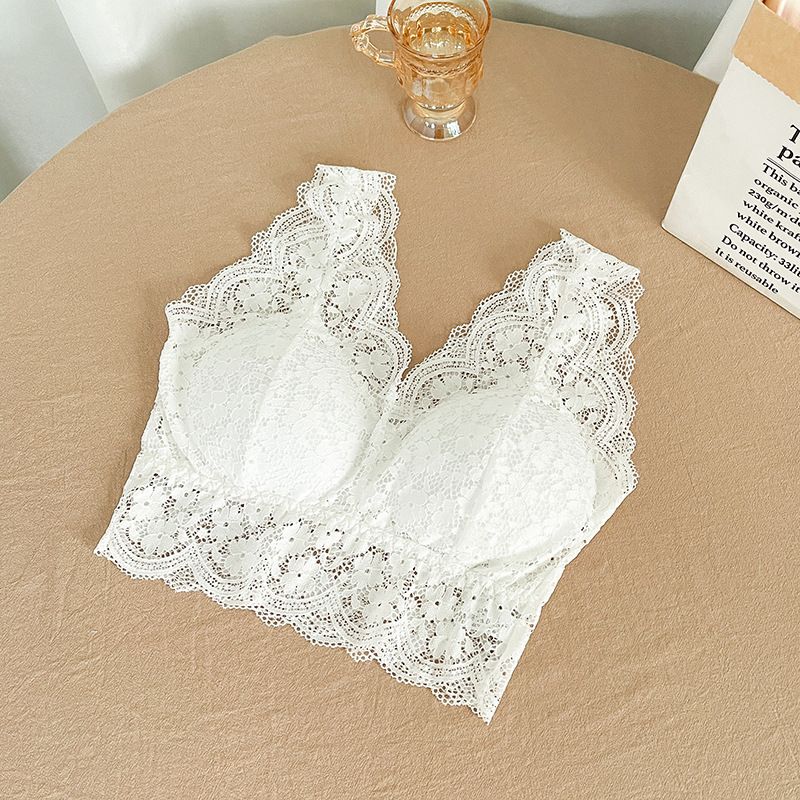 Lace Bras Top Women Deep V Neck Sexy Lingerie Wire Free Bra Tank Tops Female Underwear V Back Bralette Padded Camisole Lace Tank Top Cropped Vest Women's Sleeveless Crop Tops with Chest Pad Cute