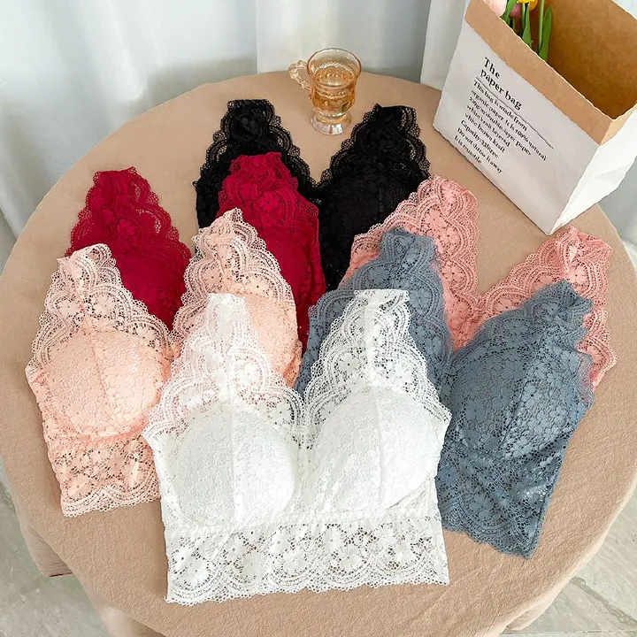 Lace Bras Top Women Deep V Neck Sexy Lingerie Wire Free Bra Tank Tops Female Underwear V Back Bralette Padded Camisole Lace Tank Top Cropped Vest Women's Sleeveless Crop Tops with Chest Pad Cute
