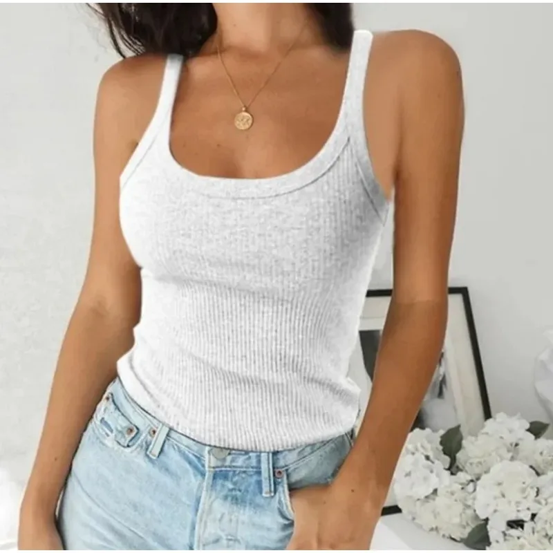 Hot Versatile Sexy Round Neck Solid Top T-Shirt Women Inner Outer Wear Spandex Blend American Retro Style ummer Tight Tank Top Breathable And Comfy Sleeveless Ves For Women's Summer Outfits Camisole