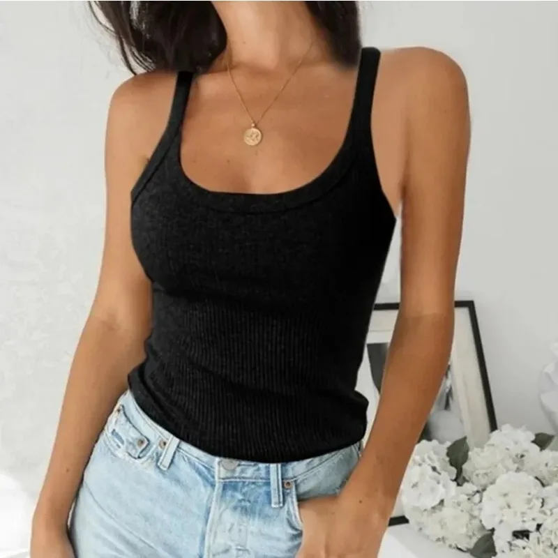 Hot Versatile Sexy Round Neck Solid Top T-Shirt Women Inner Outer Wear Spandex Blend American Retro Style ummer Tight Tank Top Breathable And Comfy Sleeveless Ves For Women's Summer Outfits Camisole