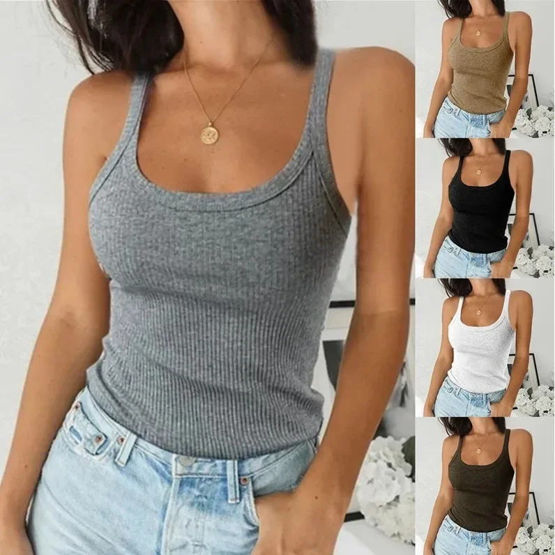 Hot Versatile Sexy Round Neck Solid Top T-Shirt Women Inner Outer Wear Spandex Blend American Retro Style ummer Tight Tank Top Breathable And Comfy Sleeveless Ves For Women's Summer Outfits Camisole