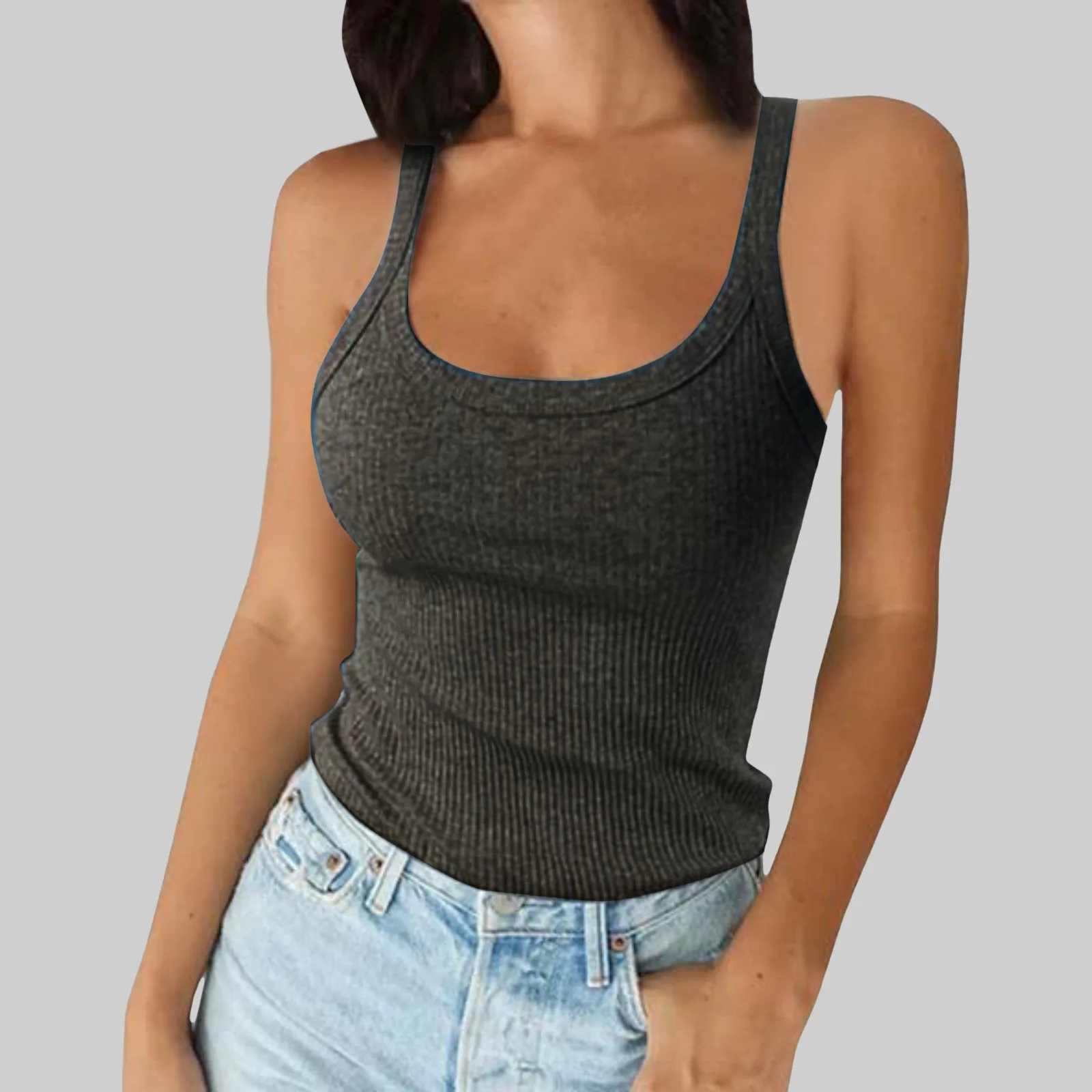 Hot Versatile Sexy Round Neck Solid Top T-Shirt Women Inner Outer Wear Spandex Blend American Retro Style ummer Tight Tank Top Breathable And Comfy Sleeveless Ves For Women's Summer Outfits Camisole