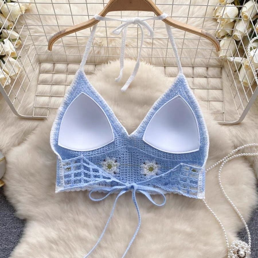 Vacation Style Camis Vest Women Patchwork Sweet Hook Flower Sexy Backless Suspender Camisole Hanging Neck Outwear Crop Tops Women's Boho Fringe Backless Halter Tie Neck Underwear Outerwear with Neck