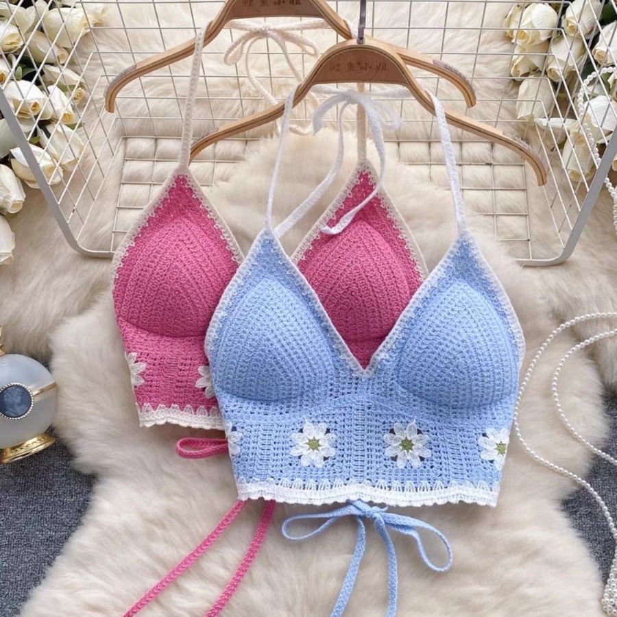 Vacation Style Camis Vest Women Patchwork Sweet Hook Flower Sexy Backless Suspender Camisole Hanging Neck Outwear Crop Tops Women's Boho Fringe Backless Halter Tie Neck Underwear Outerwear with Neck