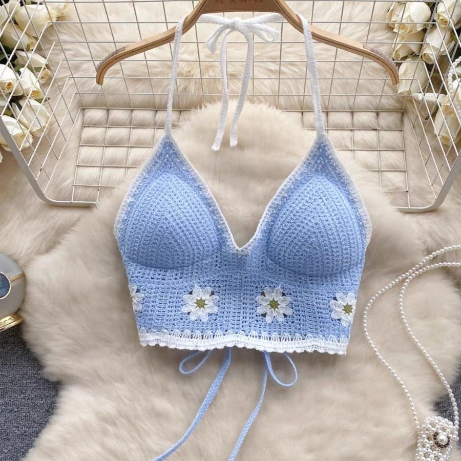 Vacation Style Camis Vest Women Patchwork Sweet Hook Flower Sexy Backless Suspender Camisole Hanging Neck Outwear Crop Tops Women's Boho Fringe Backless Halter Tie Neck Underwear Outerwear with Neck