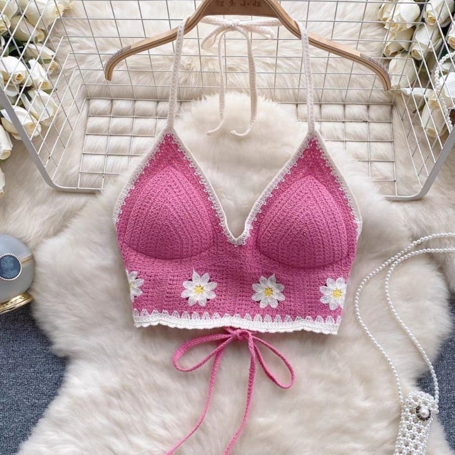 Vacation Style Camis Vest Women Patchwork Sweet Hook Flower Sexy Backless Suspender Camisole Hanging Neck Outwear Crop Tops Women's Boho Fringe Backless Halter Tie Neck Underwear Outerwear with Neck