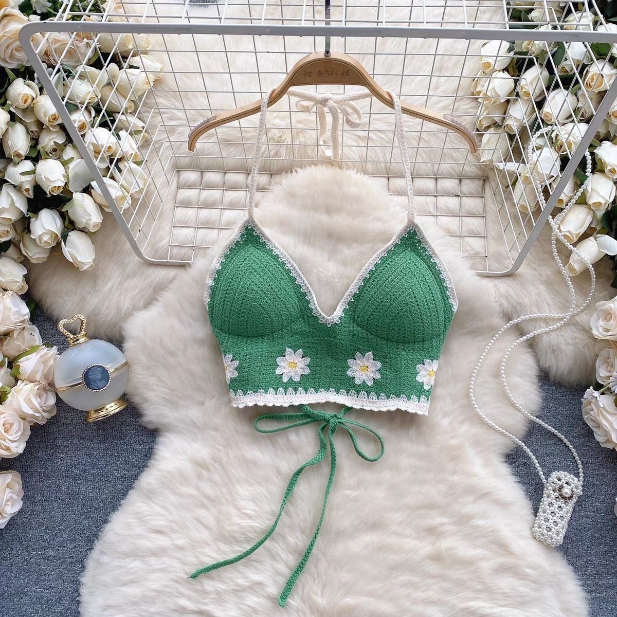 Vacation Style Camis Vest Women Patchwork Sweet Hook Flower Sexy Backless Suspender Camisole Hanging Neck Outwear Crop Tops Women's Boho Fringe Backless Halter Tie Neck Underwear Outerwear with Neck