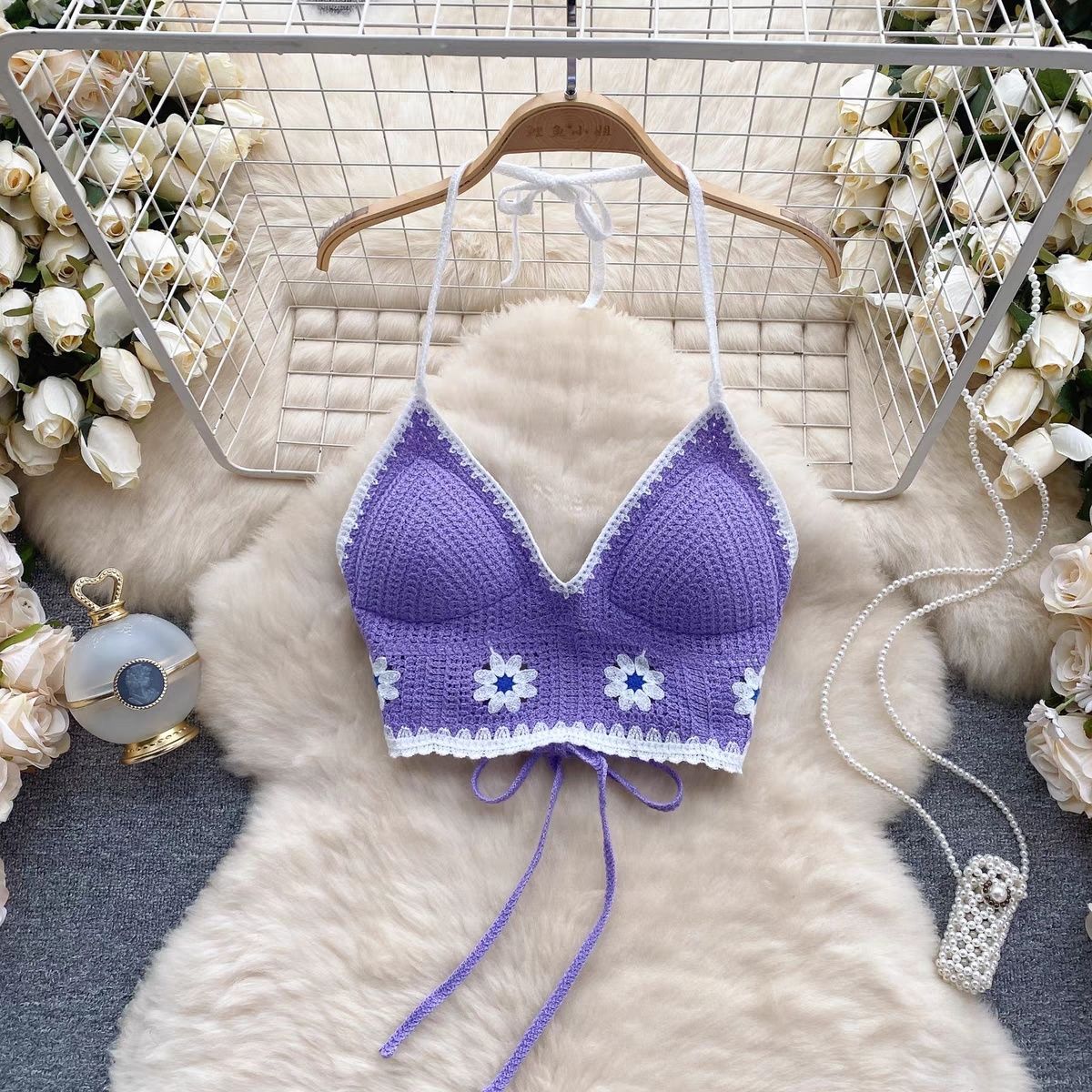 Vacation Style Camis Vest Women Patchwork Sweet Hook Flower Sexy Backless Suspender Camisole Hanging Neck Outwear Crop Tops Women's Boho Fringe Backless Halter Tie Neck Underwear Outerwear with Neck