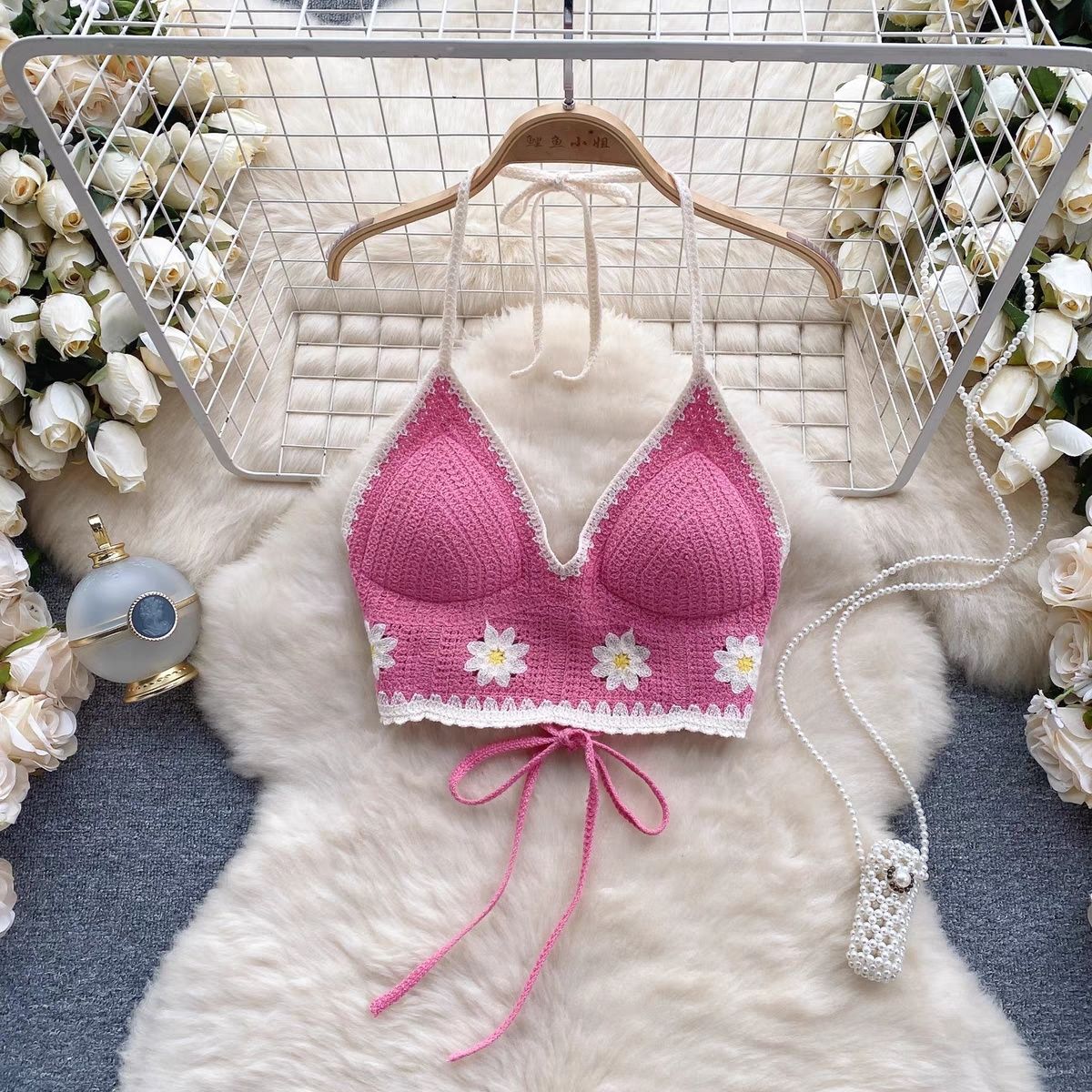 Vacation Style Camis Vest Women Patchwork Sweet Hook Flower Sexy Backless Suspender Camisole Hanging Neck Outwear Crop Tops Women's Boho Fringe Backless Halter Tie Neck Underwear Outerwear with Neck