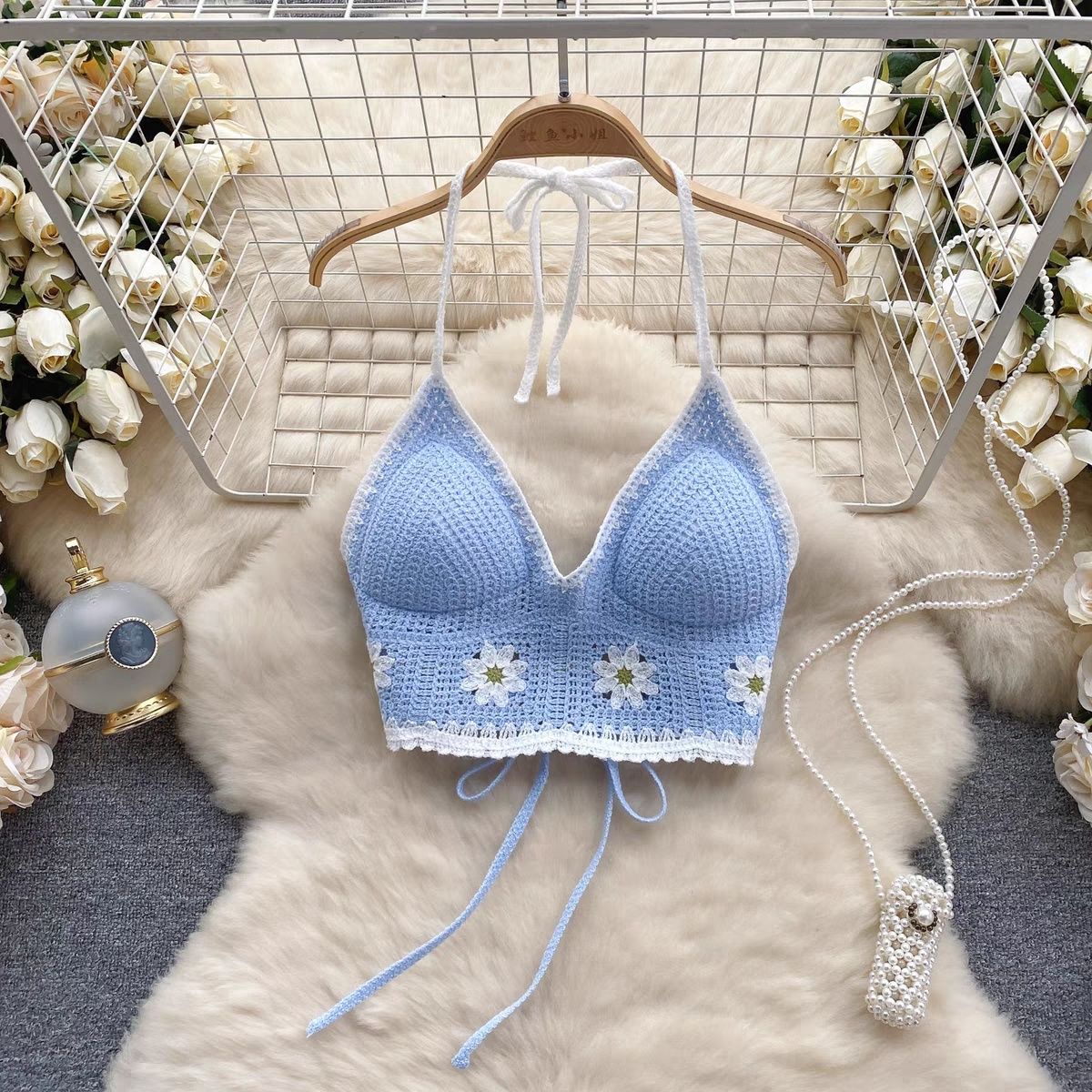 Vacation Style Camis Vest Women Patchwork Sweet Hook Flower Sexy Backless Suspender Camisole Hanging Neck Outwear Crop Tops Women's Boho Fringe Backless Halter Tie Neck Underwear Outerwear with Neck