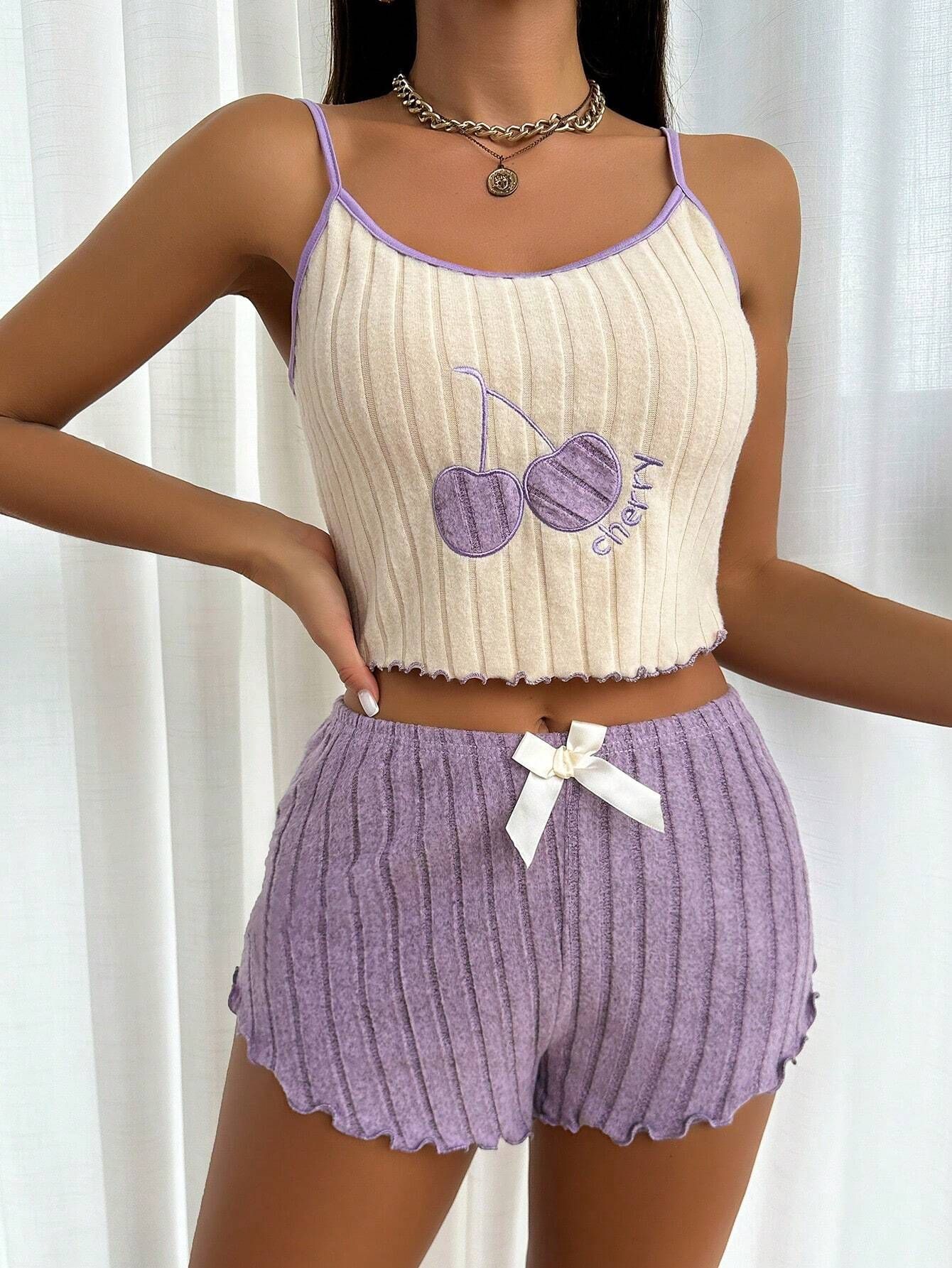 Summer 2pcs Pajamas Set for Women Casual Simple Ground Wool Halter Vest Shorts Set Home Wear Sleepwear Loungerwear Womens Summer Brushed Pajama Set Cute Y2K Embroidered Cherry Ribbed Cami Top Ruffle