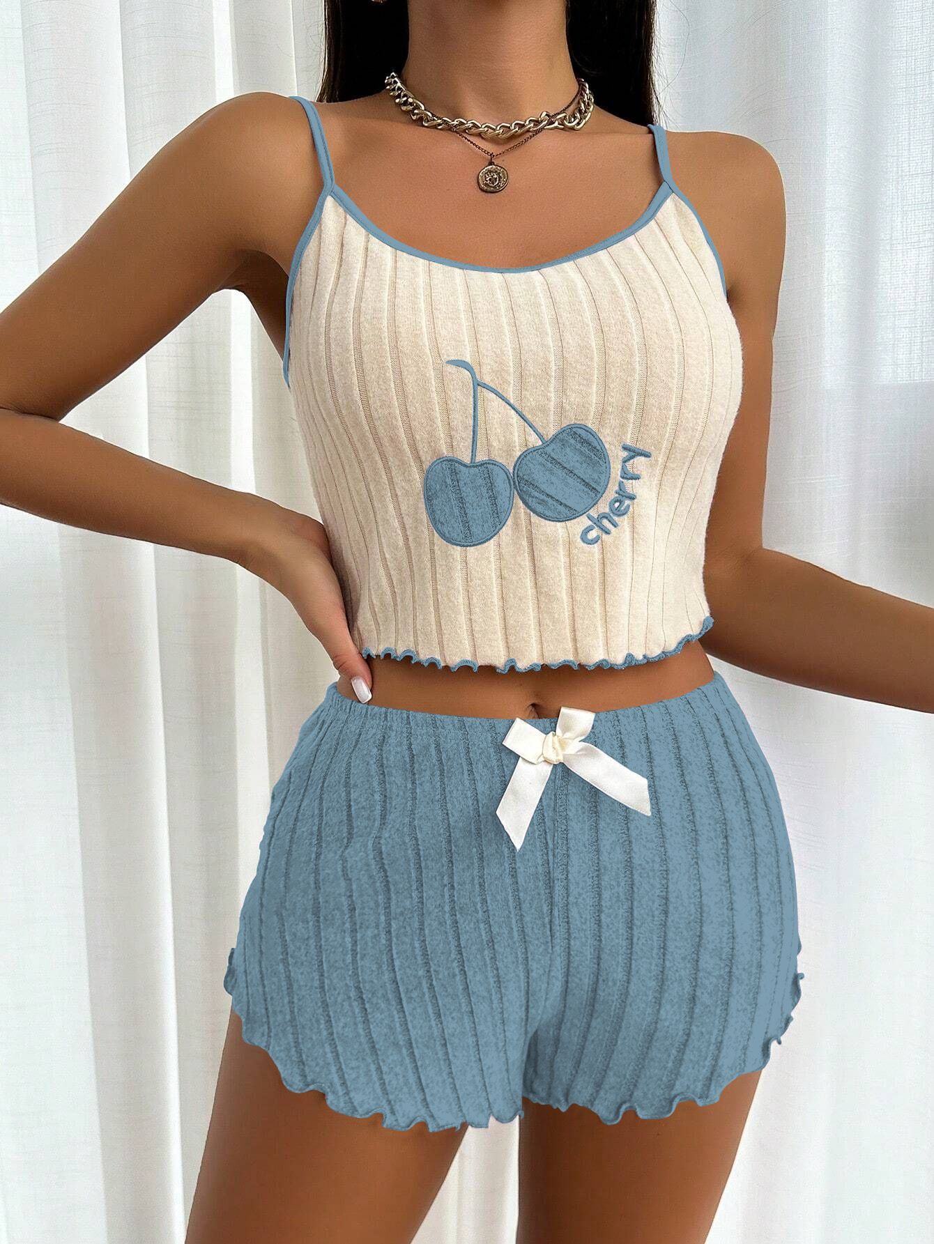 Summer 2pcs Pajamas Set for Women Casual Simple Ground Wool Halter Vest Shorts Set Home Wear Sleepwear Loungerwear Womens Summer Brushed Pajama Set Cute Y2K Embroidered Cherry Ribbed Cami Top Ruffle