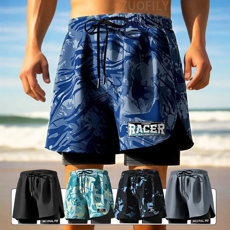 Men's Aloe Pants Athletic Shorts Two-Layer Swim Trunks: Stylish, Quick-Drying & Comfortably Fit for Beach, Pool & Hot Spring Men Running Shorts Fitness Gym Training 2 in 1 Sports Shorts Quick Dry Wor
