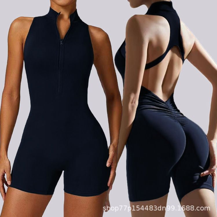 High-elastic sports fitness zipper jumpsuit, nude-feeling tight one-piece yoga suit.Built-in chest pad