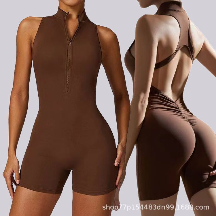 High-elastic sports fitness zipper jumpsuit, nude-feeling tight one-piece yoga suit.Built-in chest pad