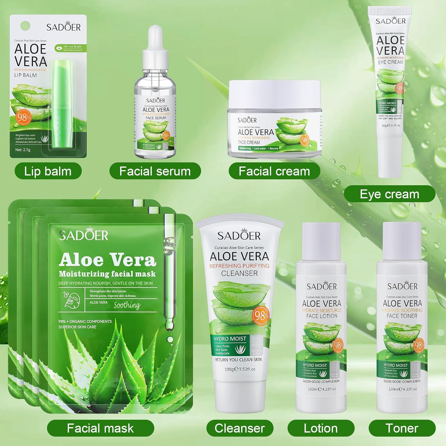 ( Promotion)29 Pcs Skin Care Sets Face Care Set for Aloe Vera Mask 3PCS + Cleanser + Eye Cream 20PCS +  Face Lotion +  Face Toner +Lip Balm +  Facial Serum +Facial Cream + Eye Cream  Couple Gift as picture