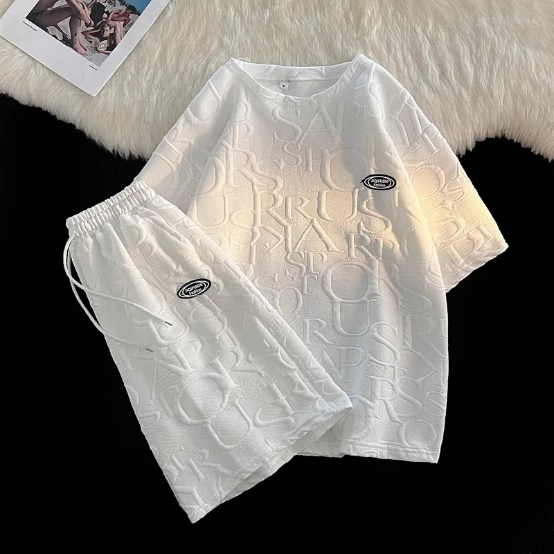 2 PCS 2 in 1 Men Clothes T-Shirts tshirts Shorts Polos Men Suits FashionSummer Print Round Neck Short Sleeve Shorts T-Shirt Sets