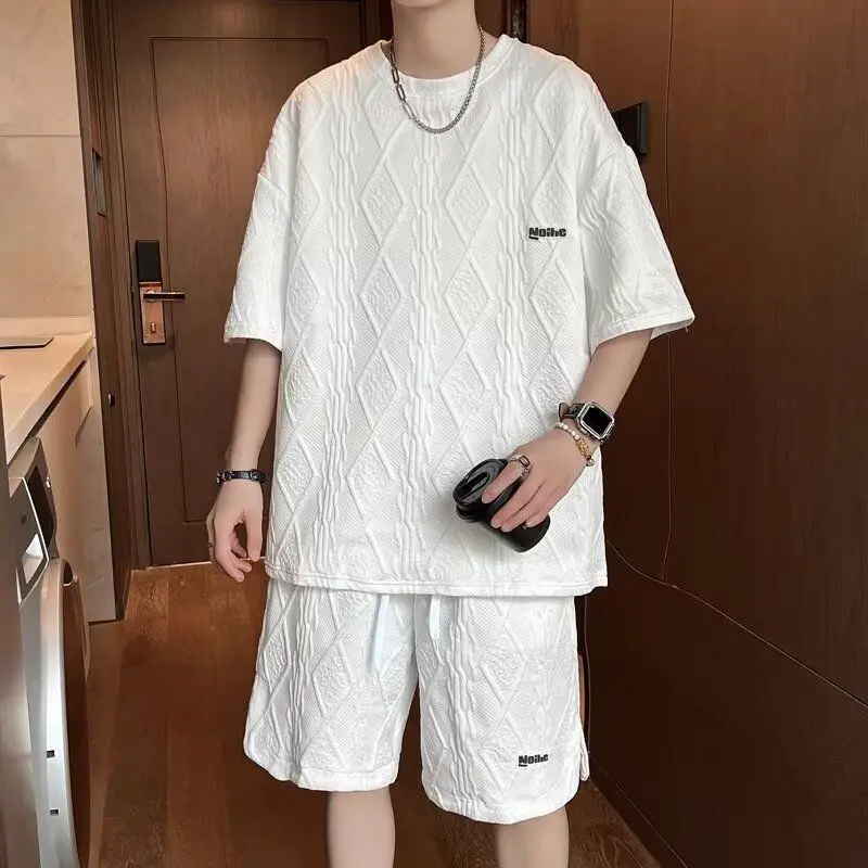 2 PCS 2 in 1 Men Clothes T-Shirts tshirts Shorts Polos Men Suits FashionSummer Print Round Neck Short Sleeve Shorts T-Shirt Sets