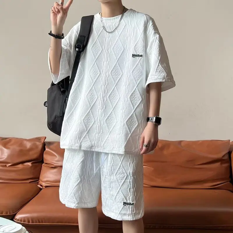 2 PCS 2 in 1 Men Clothes T-Shirts tshirts Shorts Polos Men Suits FashionSummer Print Round Neck Short Sleeve Shorts T-Shirt Sets