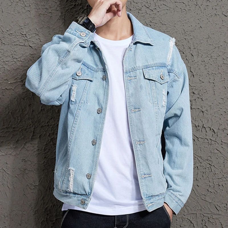 Autumn Winter Men's Worn-out Denim Jacket Coat Casual Fashion Hole Loose Ruffian Cycle Jeans Jackets