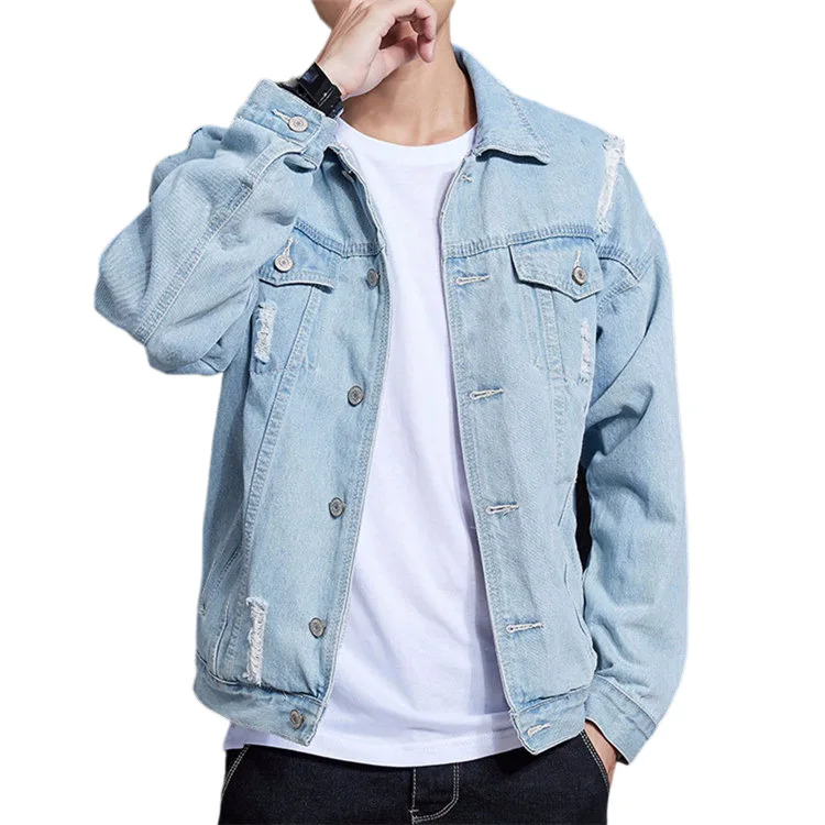 Autumn Winter Men's Worn-out Denim Jacket Coat Casual Fashion Hole Loose Ruffian Cycle Jeans Jackets