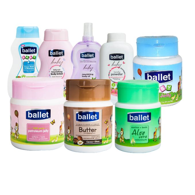 Ballet Baby Cream Wash & Shampoo 240ml, Baby Lotion 240ml, Baby Oil 240ml, Baby Powder 100g, Regular Baby Jelly 250g, Pure Petroleum Jelly 250g, Butter Blend Jelly 250g & Aloe-vera Jelly 250g
