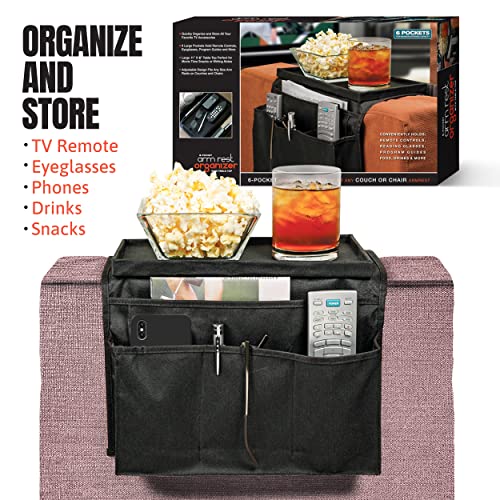 Couch/Sofa Arm Rest Organizer.his organizer has been designed with a large bend to fit the armrest of most sofas, couches, and love seats. Thanks to its ingenious frame, you can put whatever you need