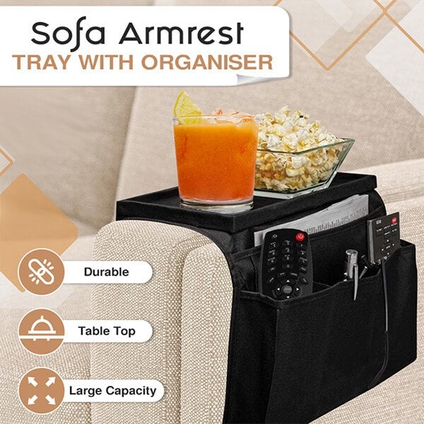 Couch/Sofa Arm Rest Organizer.his organizer has been designed with a large bend to fit the armrest of most sofas, couches, and love seats. Thanks to its ingenious frame, you can put whatever you need