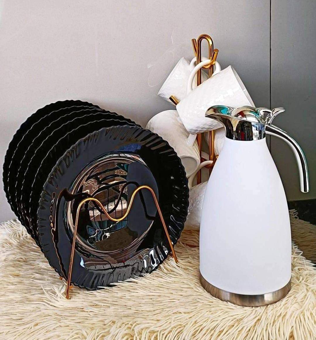 🪻👏OFFER PRICE 🪻13 pcs Ceramic dinner set 6 plates 6 cups, 2Liter Unbreakable Flask✔️