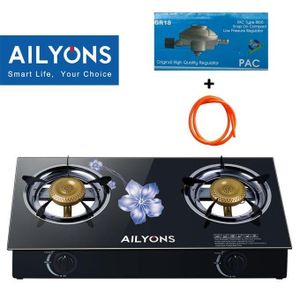 🍃✨️ELEVATE YOUR KITCHEN COOKING EXPERIENCE 🤑AILYONS Auto ignition 2 Burner Glass Table Top + 1MPipe + 6KG Regulator +clips