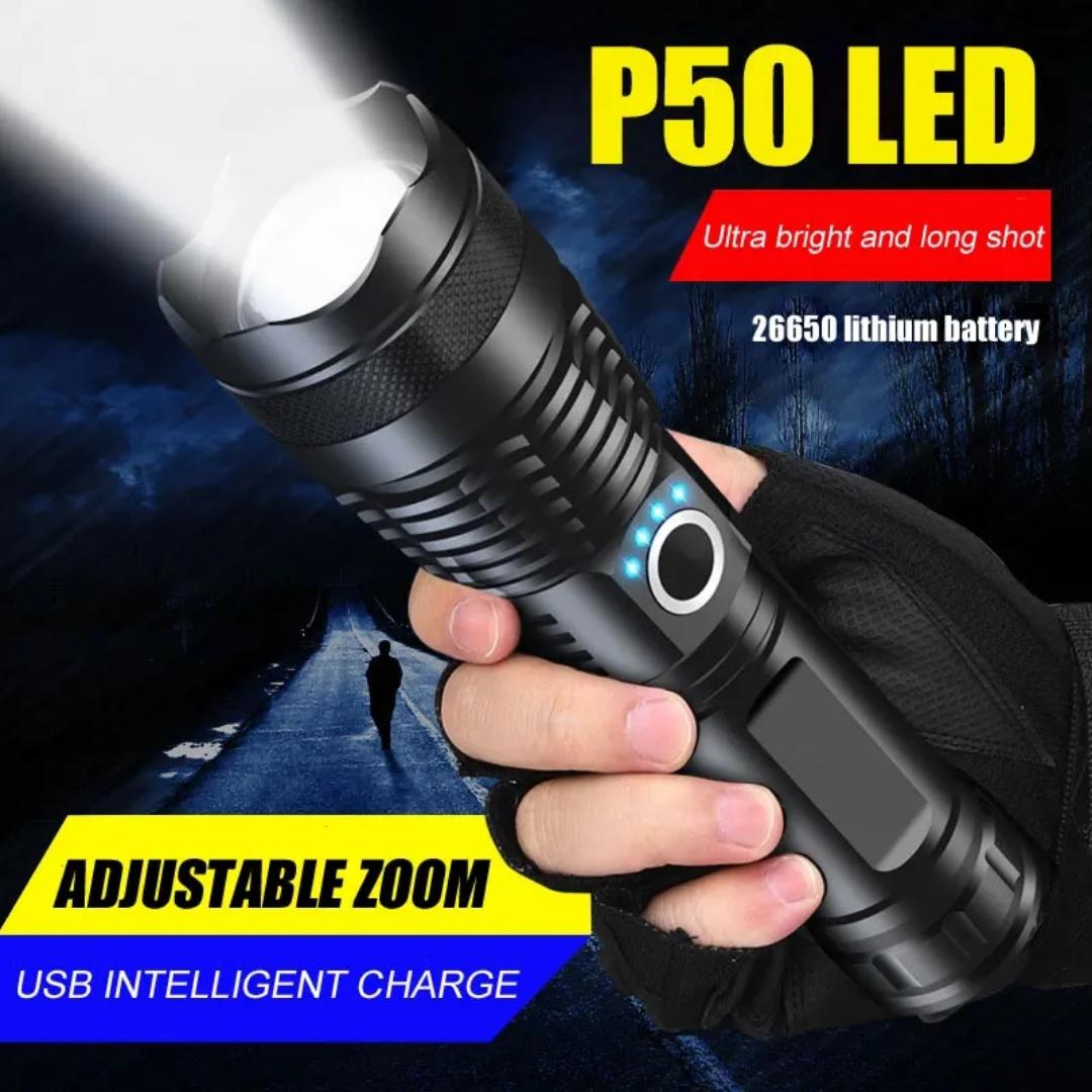 P50 Brightest Zooming flashlight mettalic spotlight rechargeable security digital torch