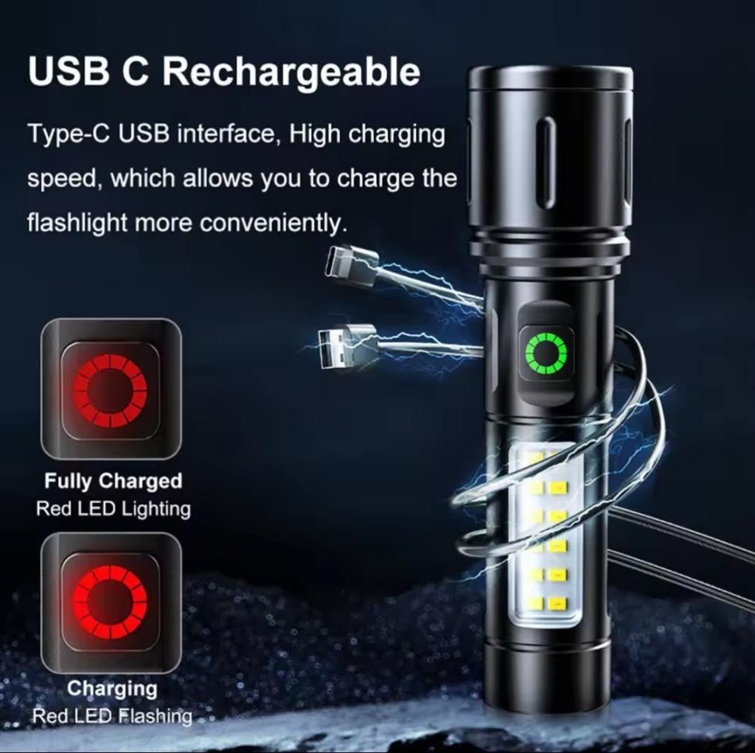 Aluminium Alloy Metal Security Torch Light With Telescopic Zoom Type-C USB Multifunction Rechargeable spotlight