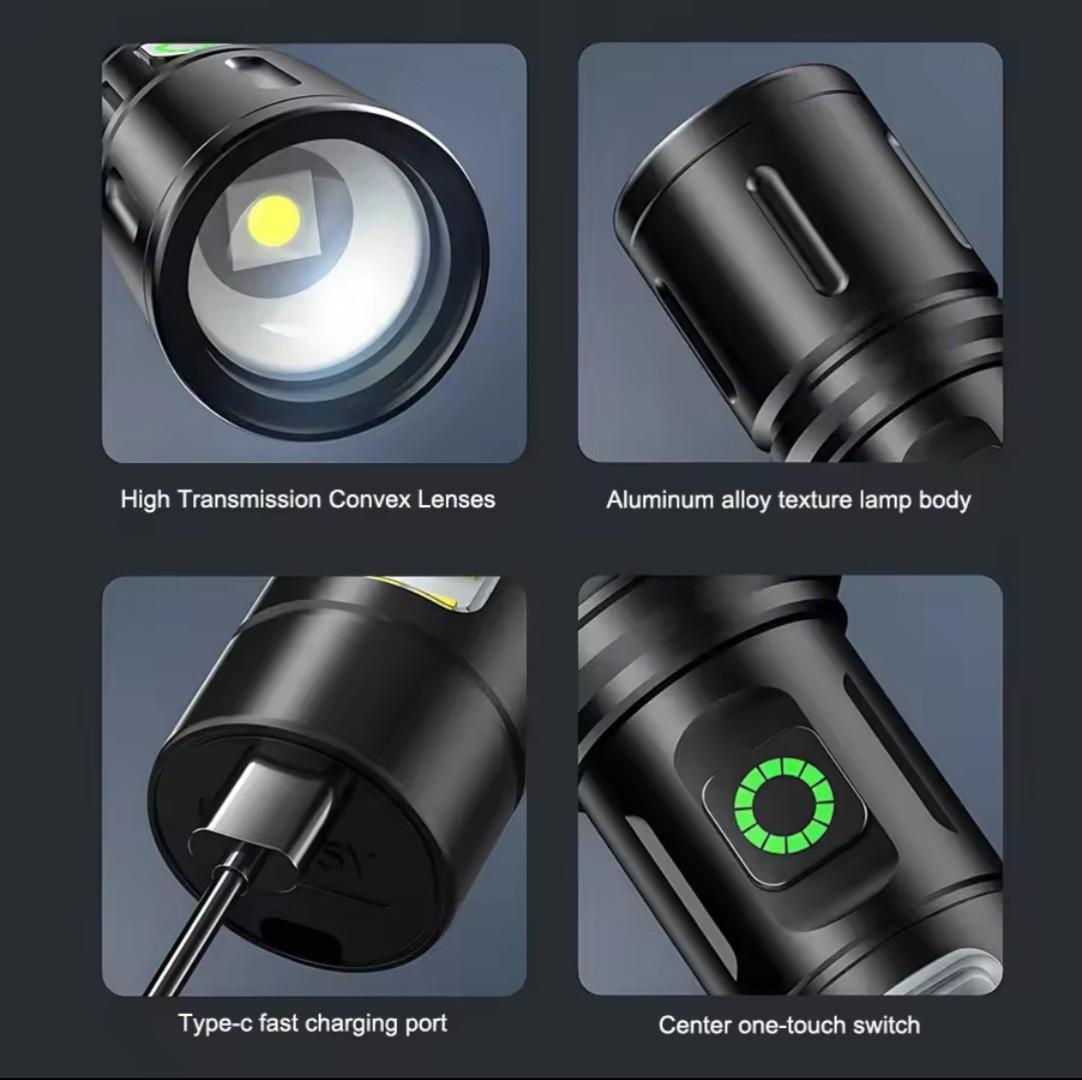 Aluminium Alloy Metal Security Torch Light With Telescopic Zoom Type-C USB Multifunction Rechargeable spotlight