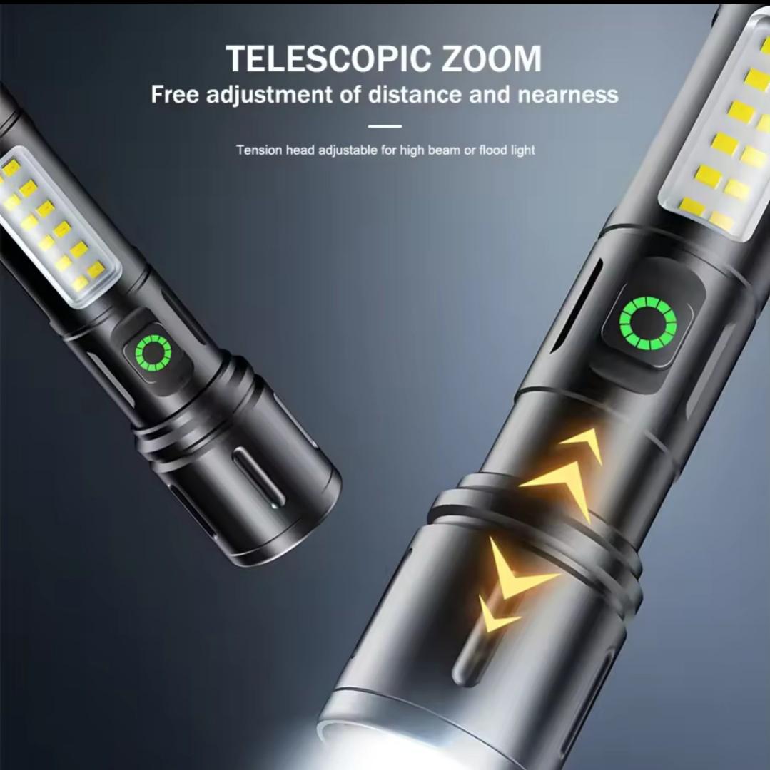 Aluminium Alloy Metal Security Torch Light With Telescopic Zoom Type-C USB Multifunction Rechargeable spotlight