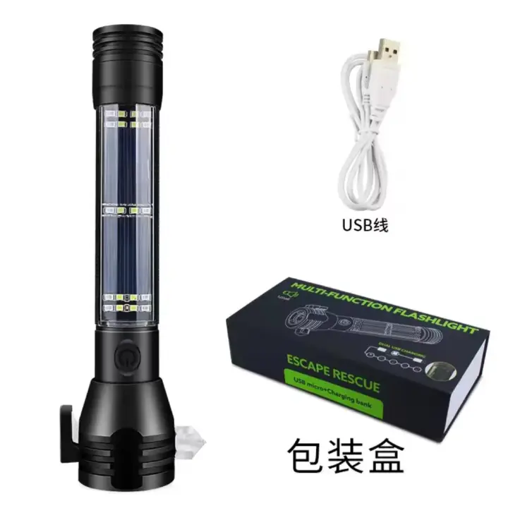 Rechargeable Solar Powered Flashlight,Multi Function LED Tactical Flashlight with Glass Breaker,Seatbelt Cutter,Alarm and Phone Charger,Powerful Handheld Flashlights for Emergencies Camping