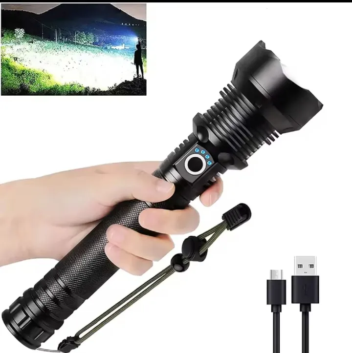 P70 Flashlight Rechargeable mettalic torch brightest spotlight in P90 bulb zoom focus police security torch
