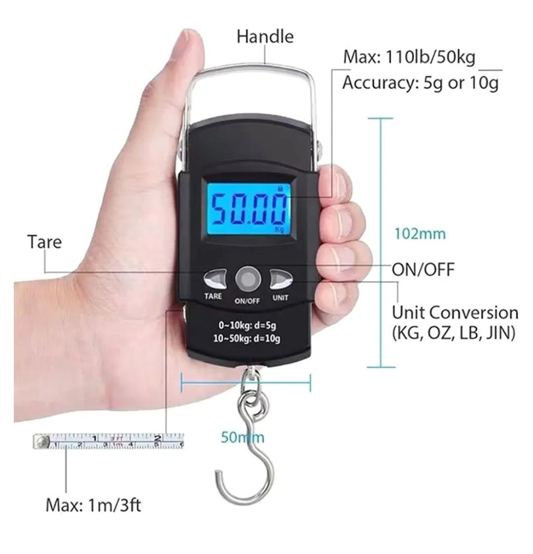 50Kgs electronic portable scale weighing machine with lcd digital display  + Batteries Digital Luggage Scale Professional Suitcase Travel Bag Hanging Scales Weight Balance with Tape Measure Backlight