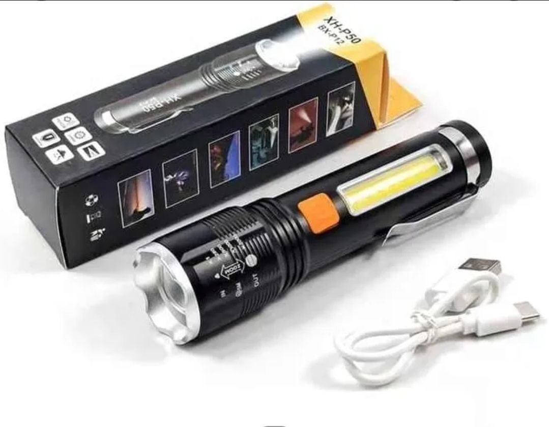P50 Powerful LED Flashlight 4-Modes Type-C Rechargeable Tactical Telescopic Torch High Power Flashlight Emergency Light XH-P50 USB Rechargeable Retractable Zoom LED COB Torch Light With Pen Buckle Rop