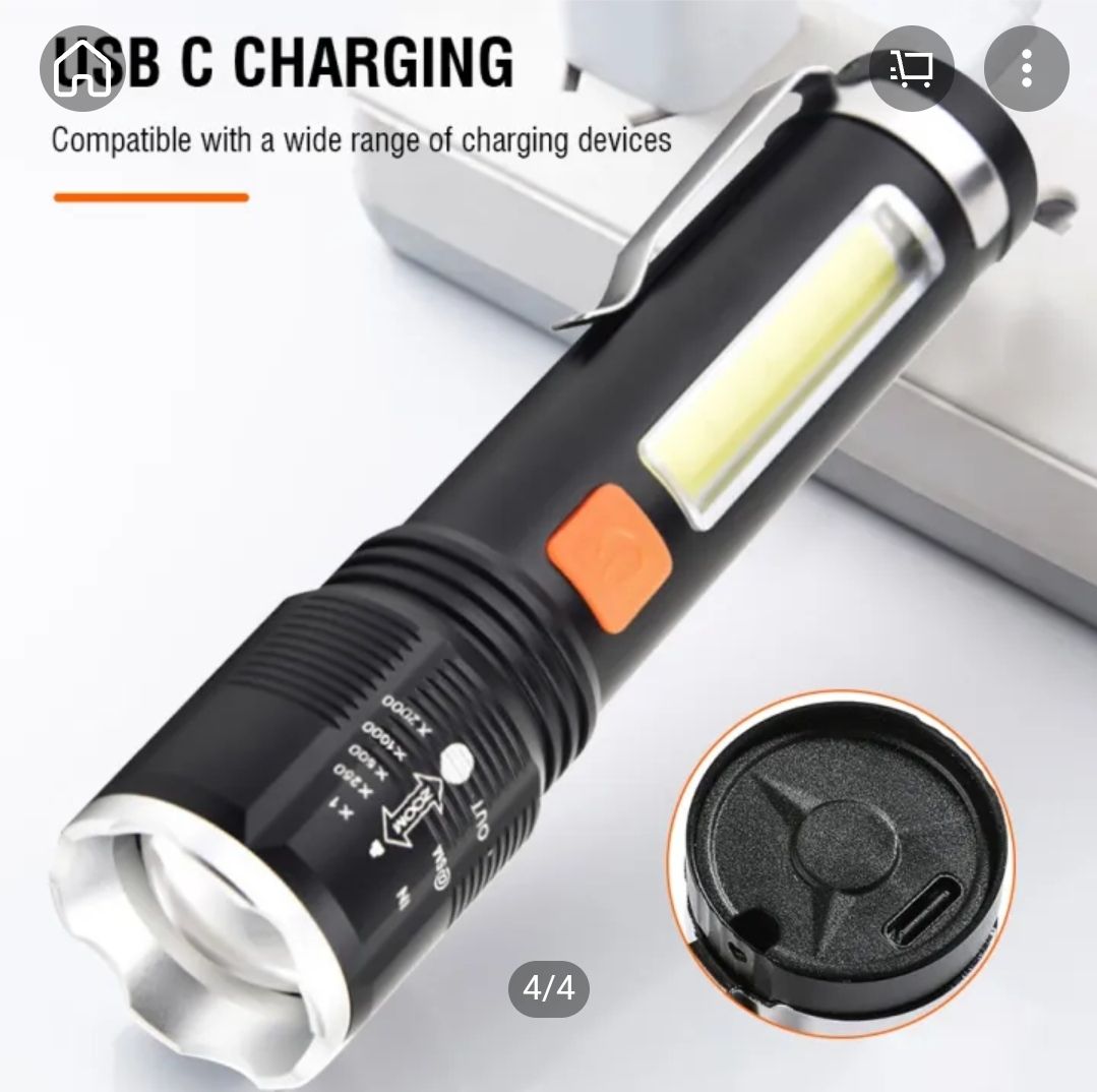 P50 Powerful LED Flashlight 4-Modes Type-C Rechargeable Tactical Telescopic Torch High Power Flashlight Emergency Light XH-P50 USB Rechargeable Retractable Zoom LED COB Torch Light With Pen Buckle Rop