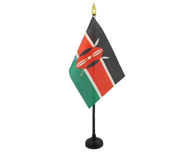 Kenyan flag table topKenya Table Flag 4'' x 6'' - Kenyan Mini Desk Flag 100% Polyester 15 x 10 cm with 10'' Pole - Golden Spear symbol