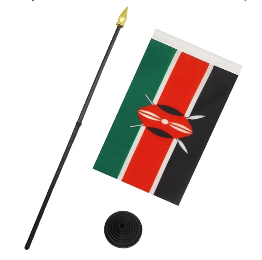 Kenyan flag table topKenya Table Flag 4'' x 6'' - Kenyan Mini Desk Flag 100% Polyester 15 x 10 cm with 10'' Pole - Golden Spear symbol