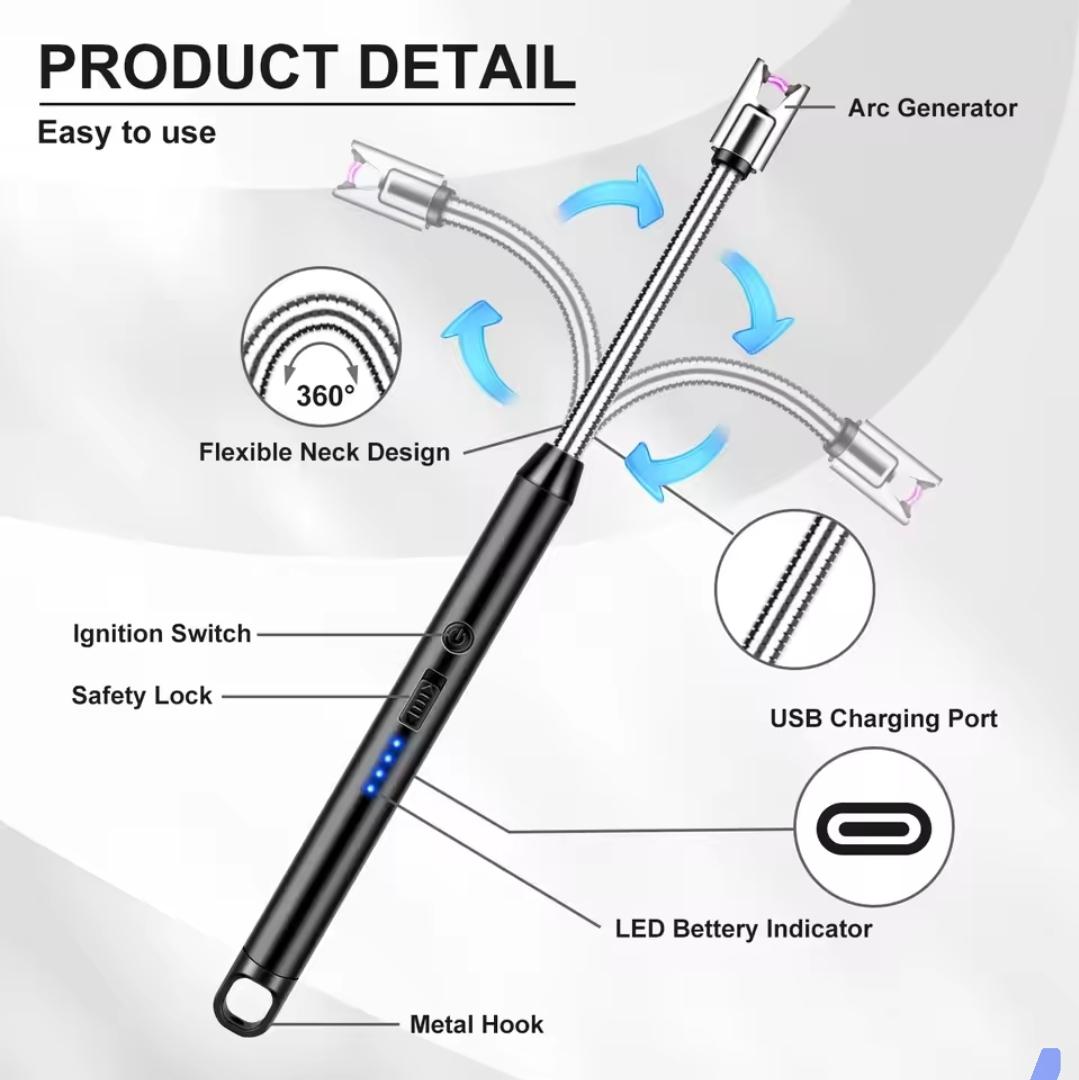 Candle Lighter Flameless Safety Fire Lighter, Rechargeable Arc Lighter Electric Lighter,USB Windproof Flexible Long Lighter for Home Kitchen Outdoor BBQ Camping Activities (Silver) gas lighter