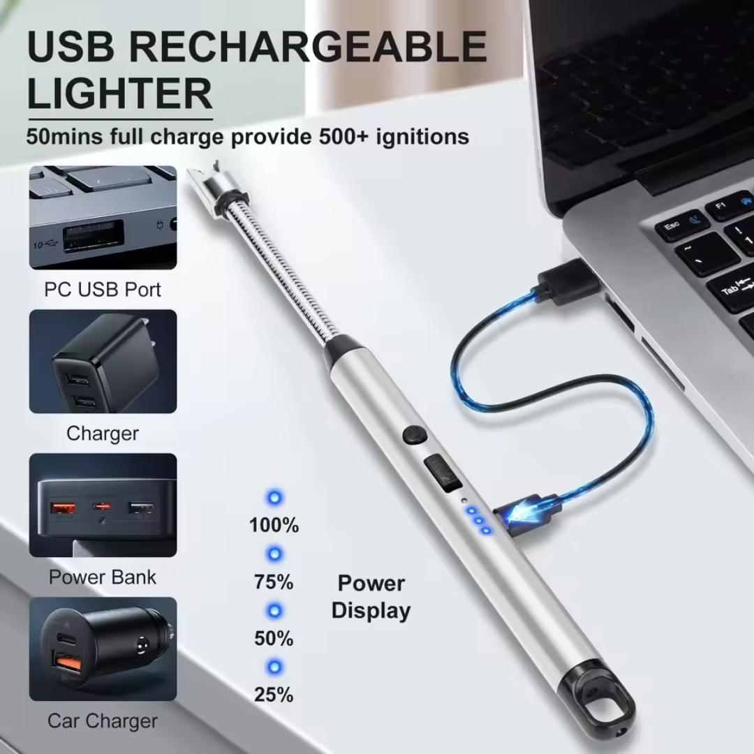 Candle Lighter Flameless Safety Fire Lighter, Rechargeable Arc Lighter Electric Lighter,USB Windproof Flexible Long Lighter for Home Kitchen Outdoor BBQ Camping Activities (Silver) gas lighter