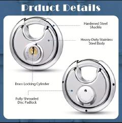 Disc padlock 80mm Heavy Duty 80mm Stainless Steel Disc Padlock for Security Doors, Gates, Storage Units, Sheds and Outdoor Use