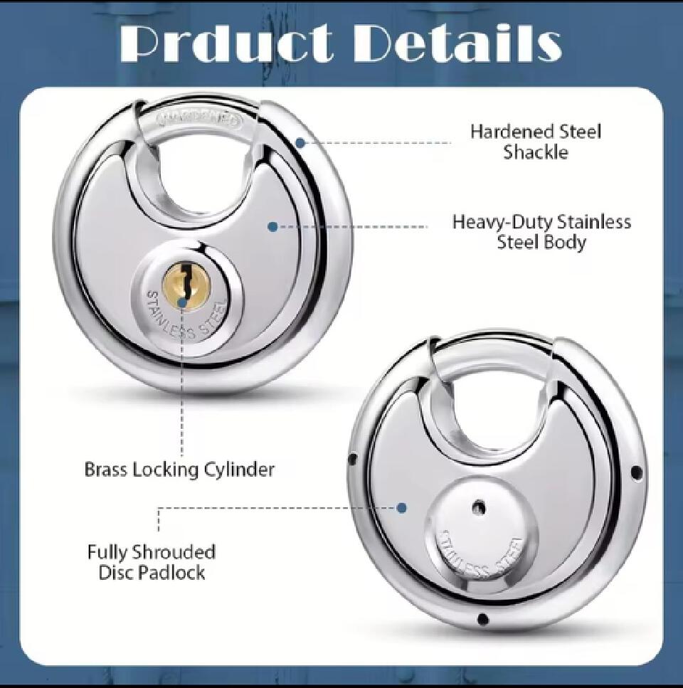 Disc padlock 80mm Heavy Duty 80mm Stainless Steel Disc Padlock for Security Doors, Gates, Storage Units, Sheds and Outdoor Use
